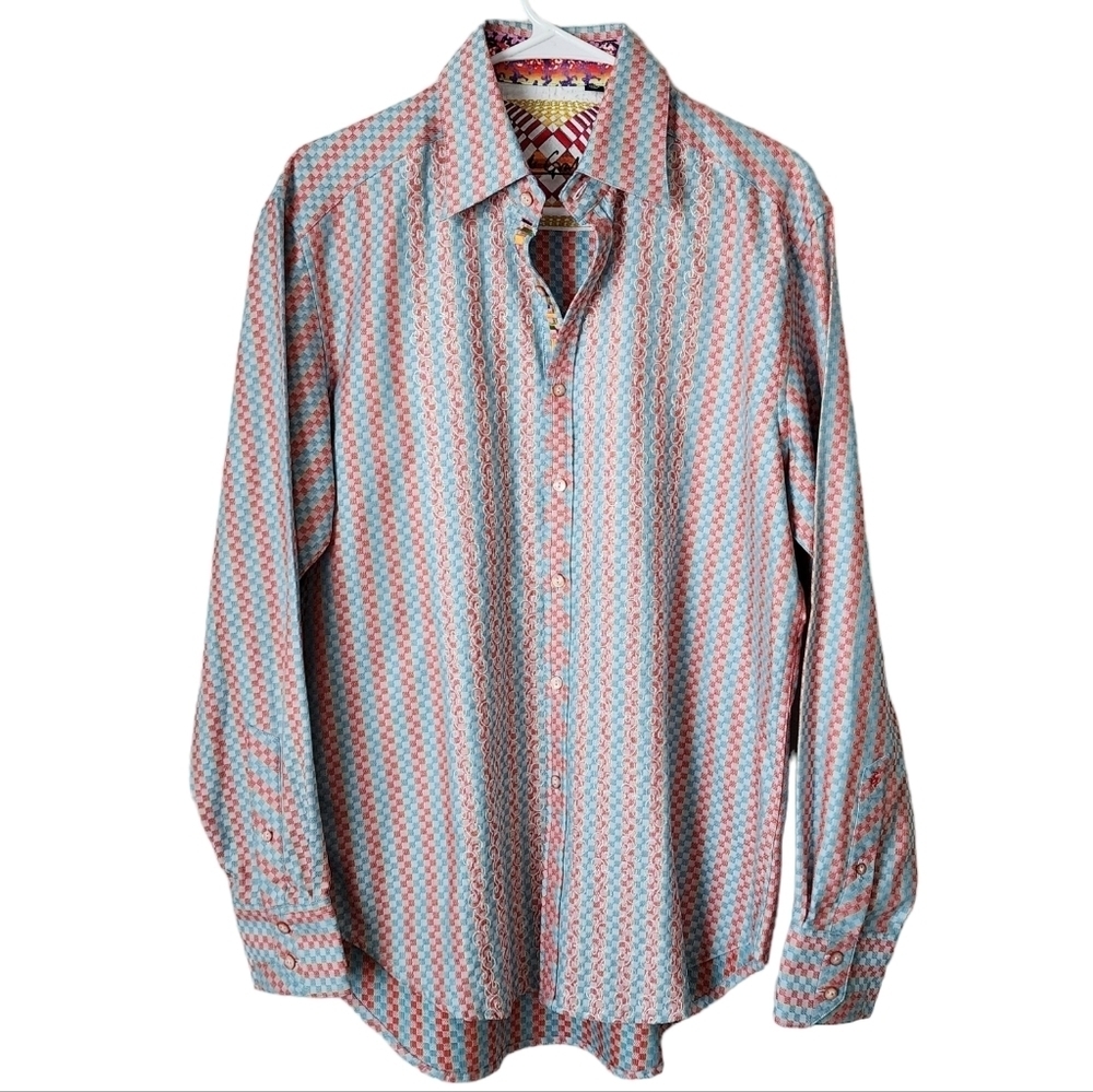 ROBERT GRAHAM Orange Blue Pattern button up shirt size M